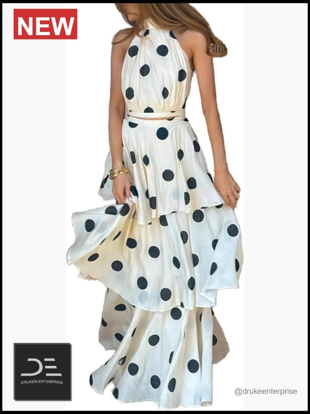 Two Piece Skirt Set Sleeveless Top and Maxi Skirt Polka Dot Vacation Set